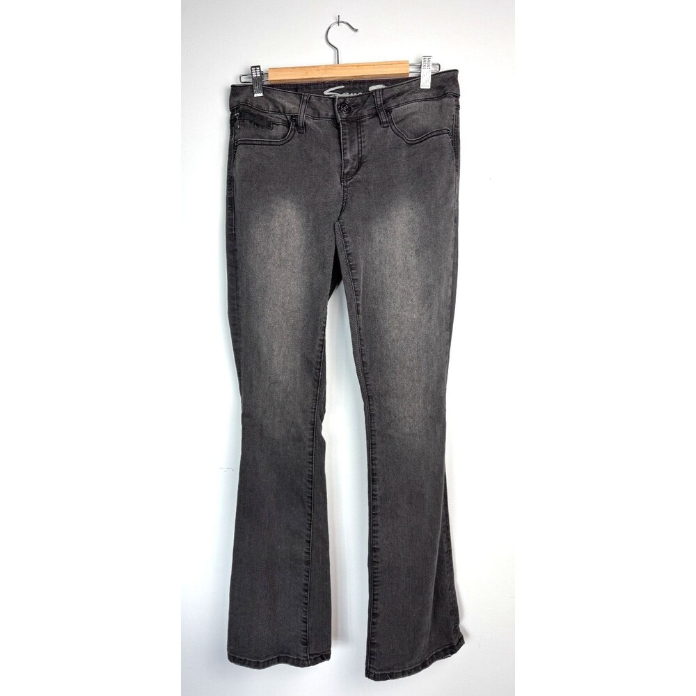 Seven Slim Bootcut Flare Leg Black Embroidered Rhinestone Pocket 8
